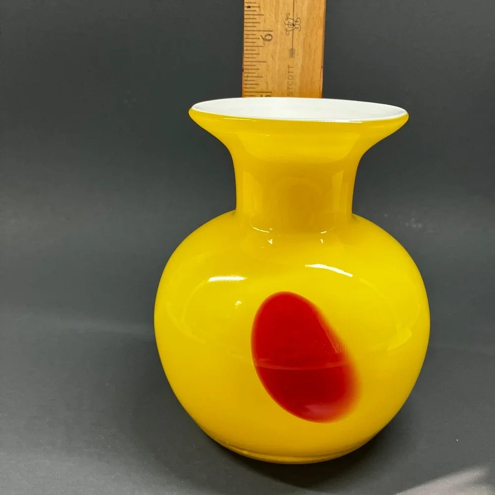 Modern Murano Style Sommerso Art Glass Vase - Yellow & Red Cased Glass 6